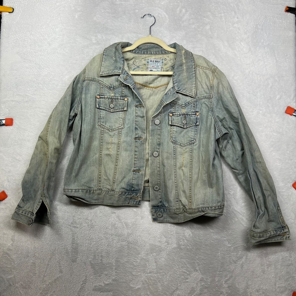 Vintage Old Navy Denim Jacket Women's Blue Floral Embroidery Beaded Y2K - 2XL